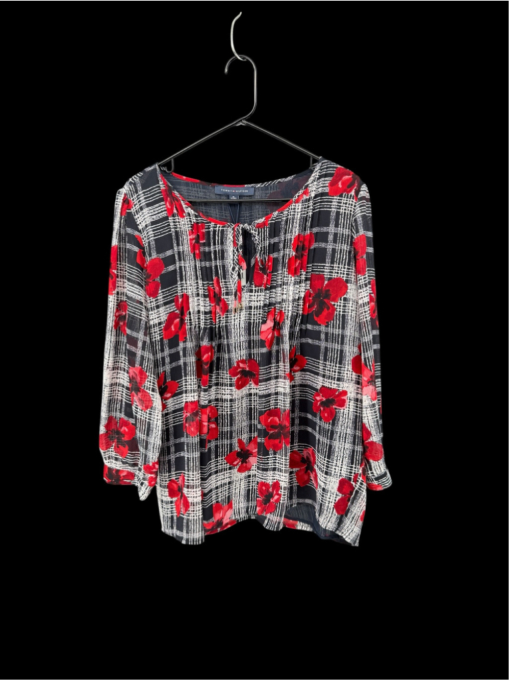 Women's Tommy Hilfiger Plaid Floral Blouse Black Red XL
